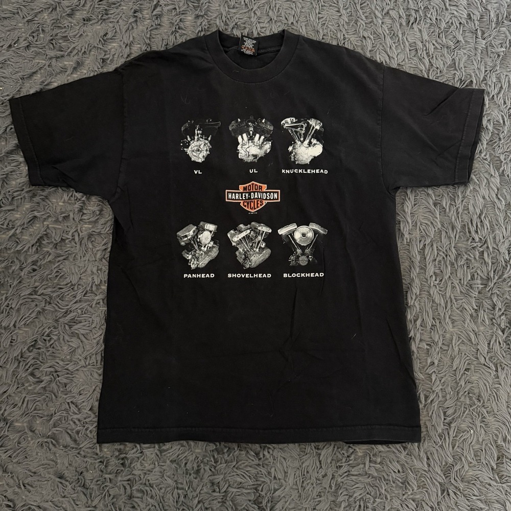 Vintage 1997 Harley-Davidson Black T-Shirt Engines Knucklehead Panhead Size XL